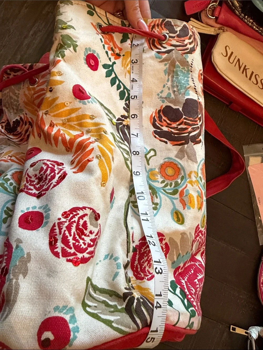 Floral Drawstring Backpack with Red Trim